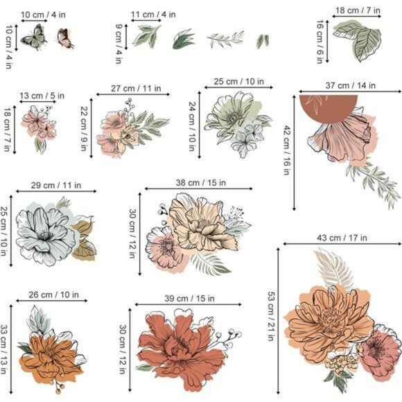 Boho Flower Wall Decals Vintage Floral Sun Butterfly Stickers Bedroom Living Roo - Picture 4 of 7